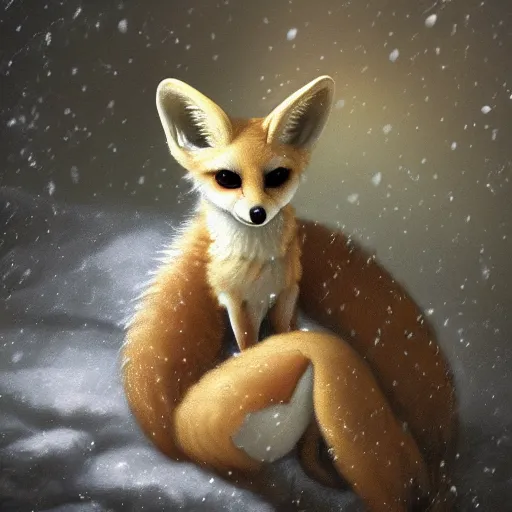 Image similar to Baroque painting of a cute fennec fox in a winter wonderland, artstation, exquisite detail