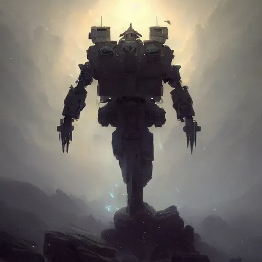 Image similar to epic portrait an mech robot walking on a dead world full of rocks, atmospheric, cloudy, foggy, dead, broad light, ambient occlusion, volumetric light effect, made by ivan aivazovsky, peter mohrbacher, greg rutkowski, matte painting, trending on artstation, 4 k, perfectly defined features, digital painting,