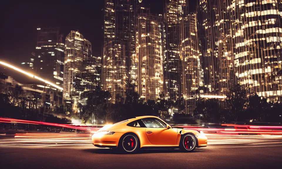 Prompt: photo of a porsche 911 at night driving fast through a city, cinematic, 4k, long exposure photography