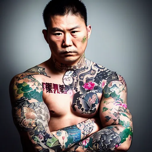 Image similar to A portrait of a tough looking member of the Yakuza, with many tatoos with the motive of My Little Pony, professional portrait photography