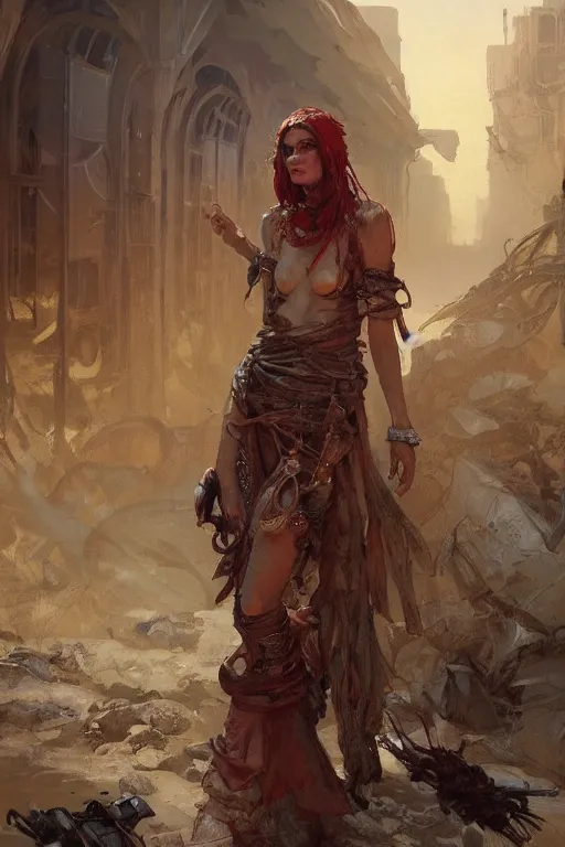 Prompt: a full body portrait of a beautiful post apocalyptic offworld merchants quarter bedouin blind pulp fiction scarlet wild rogue barbarian leper begging by the roadside, intricate, elegant, highly detailed, digital painting, artstation, concept art, smooth, sharp focus, illustration, art by krenz cushart and artem demura and alphonse mucha