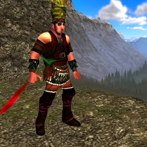 Prompt: metin 2 warrior hiking in the mountains
