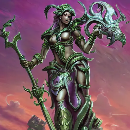 Prompt: torquoise fantasy armored medusa holding a spear, pillars background with ruined and statues, fantasy game art, fantasy rpg, league of legends