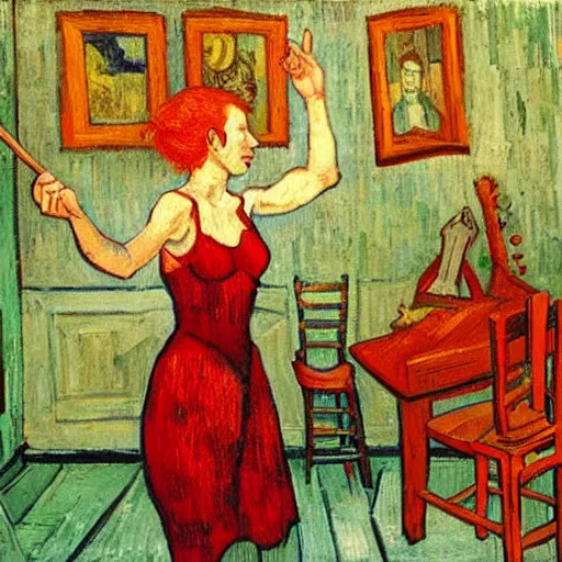 Image similar to woman with red hair red dress at the center of the stage playing redwood violin, artistic, renaissance, soft, detailed, vincent van gogh, greg rutowski, michaelangelo, artwork of the century, precision