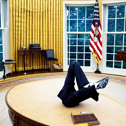 Image similar to barack obama breakdancing on the desk in the oval office