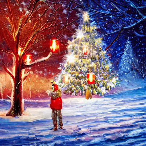 Prompt: detailed oil painting of magical winter christmas tree with snow and lights and bulbs and red cardinal bird sitting on branch 4k