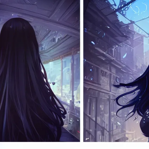 Image similar to low - angle shot from behind of a long blue - haired girl in a tailcoat overlooking noxus, noir, screenshot, sharp focus, intricate, illustration, cell shaded, digital painting, highly detailed, straight hair, art by ilya kuvshinov, wlop, greg rutkowski, studio quality, james jean