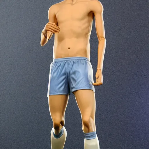 Image similar to a realistic detailed photo of a guy who is an attractive humanoid who is half robot and half humanoid, who is a male android, soccer players martin ødegaard & timo werner, shiny skin, posing like a statue, blank stare, in a lab, on display, showing off his muscles, gold soccer shorts, side view, repairing the other one