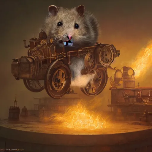 Prompt: oil painting of steampunk hamster on duck, , sharp focus, fantasy style, octane render, volumetric lighting, steampunk city, 8k high definition, by greg rutkowski, highly detailed, trending on art Station, explosions, magic the gathering artwork, centered