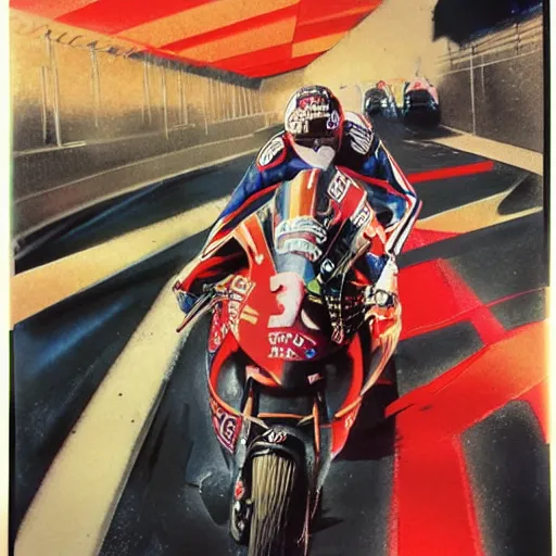 Image similar to photorealistic picture, by bob peak and alex ross, moto gp ads in 1 9 9 0 s, gouache and wash paints, fine details, fine intricate, fine facial proportionate, fine body proportionate, fine fix broken line, fine fix duplicate line, smooth shar focus, sharp focus