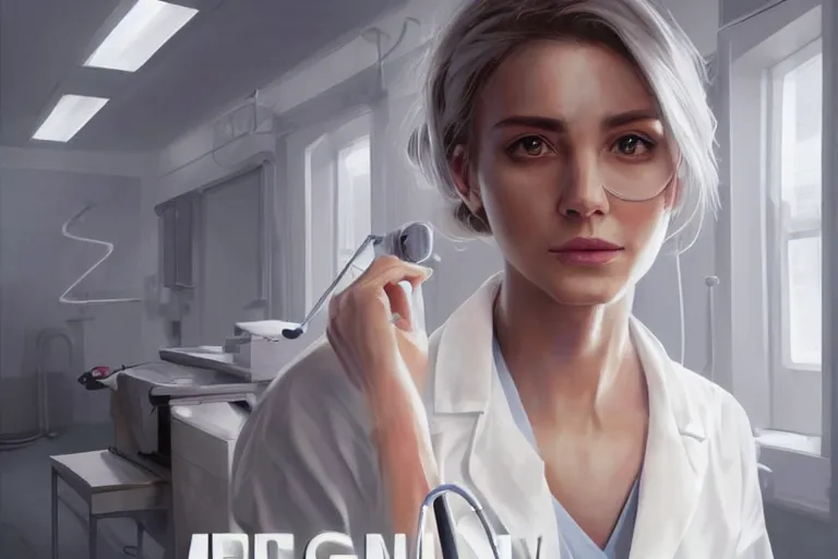 Image similar to a poster of emergency room, an elegant and beautiful female doctor in a white coat in a hospital ward, cinematic, highly detailed, digital painting, artstation, concept art, matte, sharp focus, illustration, art by artgerm and greg rutkowski