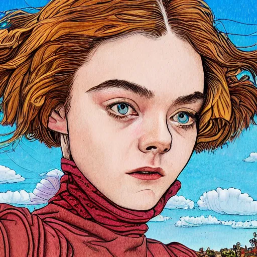 Image similar to professional painting of Elle Fanning in the style of Geof Darrow, head and shoulders portrait, symmetrical facial features, smooth, sharp focus, illustration, intricate, stormy weather, extremely detailed masterpiece,