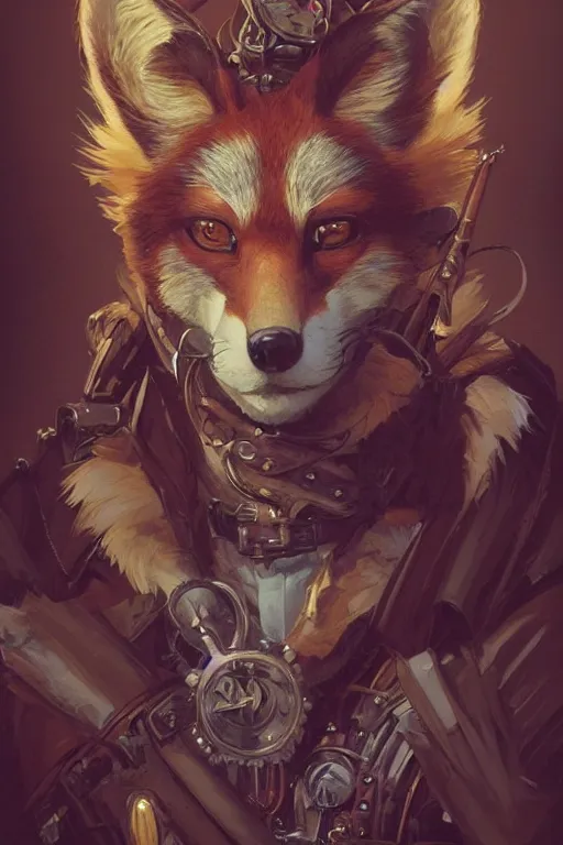 Image similar to heroic character design of anthropomorphic whimsical fox, portrait, western, steampunk, clint eastwood face, duster, fantasy, intricate, elegant, highly detailed, digital painting, artstation, concept art, sharp focus, illustration, art by artgerm and greg rutkowski and alphonse mucha