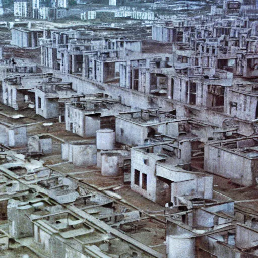 Prompt: brutalist city, prison city, totalitarian prison island, hashima island, wide roads, wide avenues, wide spaces, rundown buildings, military buildings, prison complex, colorized super 8 mm photo