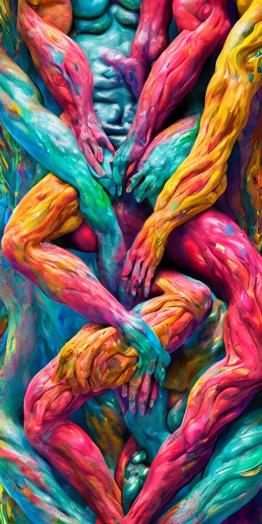 Image similar to closeup photograph of a surrealist sculpture human bodies intertwined, a lovely cornucopia of flowers and human body parts, body parts, paint pour, swirling paint, highly detailed, octane render, cinematic