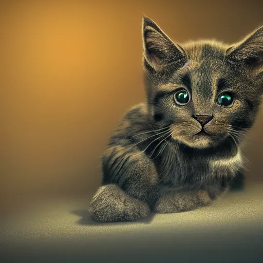 Image similar to full body pose, hyperrealistic photograph of a nightmare kitten, dim volumetric lighting, 8 k, octane beautifully detailed render, extremely hyper detailed, intricate, epic composition, cinematic lighting, masterpiece, trending on artstation, very very detailed, stunning, hdr, smooth, sharp focus, high resolution, award, winning photo, dslr, 5 0 mm