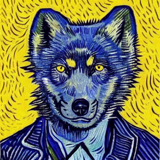 Image similar to retarded wolf portrait, van gogh, complimentary colors