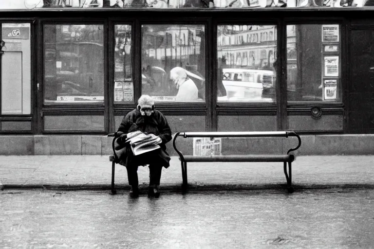 Image similar to a photojournalism photograph of an old man sat at the bus stop reading the newspaper, on a french parisian street in the morning on a rainy day, by henri cartier bresson, cinematic, beautiful lighting, leica