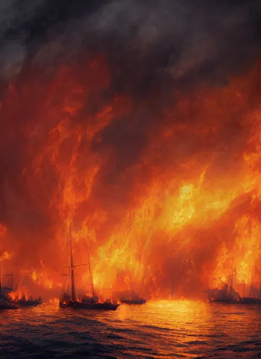 Prompt: painting of an armada of ships burning in heavy flames in the middle of the ocean, thick smoke, a detailed matte painting by vilhelm lundstrøm, cgsociety, neo - romanticism, chillwave, matte drawing, official art, trending on artstation