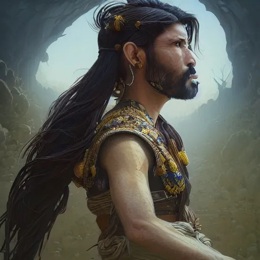 Image similar to Hyper realistic detailed portrait of a Kurdish!!!!!!!!! samurai, Stephen Bliss, unreal engine, fantasy art by Greg Rutkowski, Loish, Rhads, ferdinand knab, Makoto Shinkai and Lois van baarle, ilya kuvshinov, rossdraws, Tom Bagshaw, alphonse mucha, global illumination, radiant light, detailed and intricate environment, highly detailed, award winning art