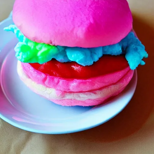 Image similar to a cotton candy burger. cyan and pink.