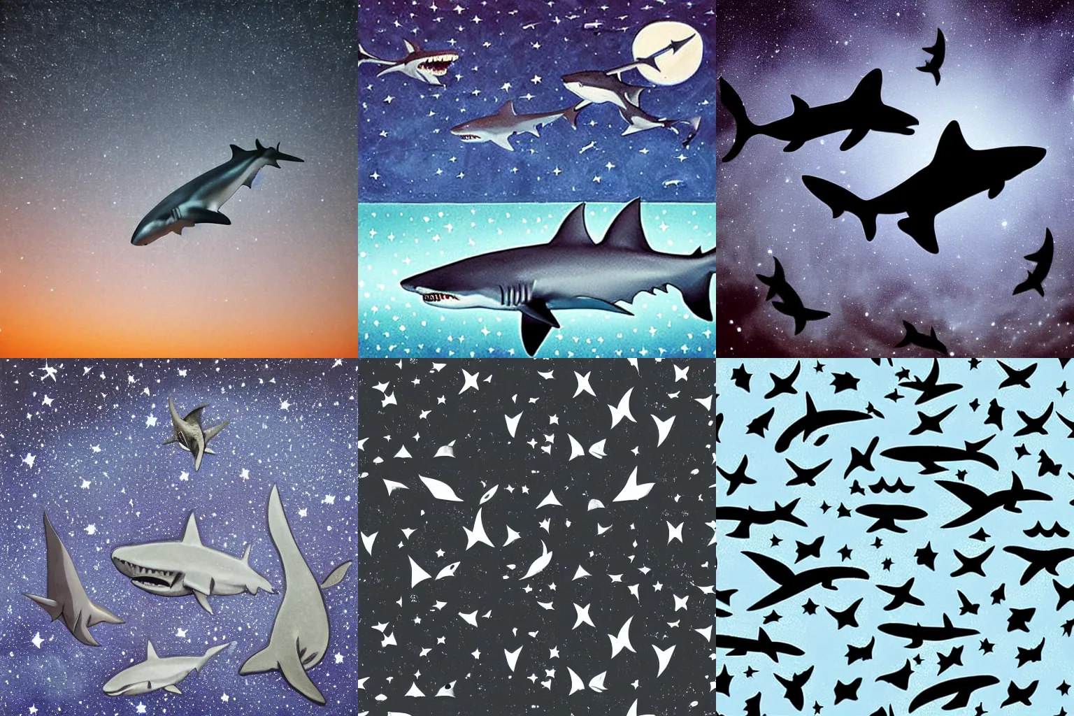 Prompt: sharks in the black starry sky