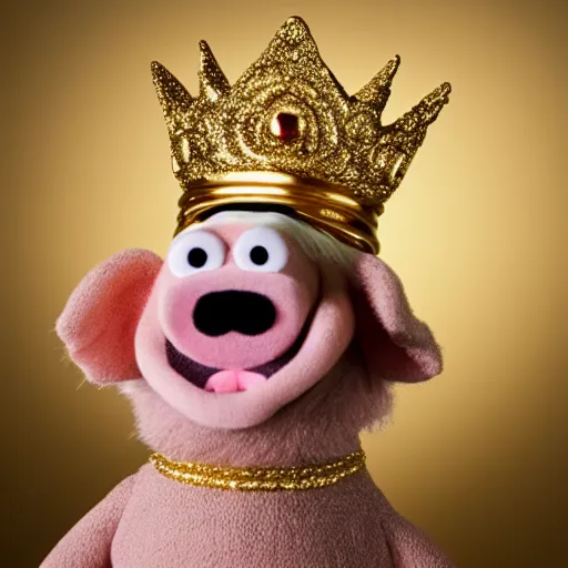 Image similar to pig wearing a gold crown as a Muppet holding a bowl 8k