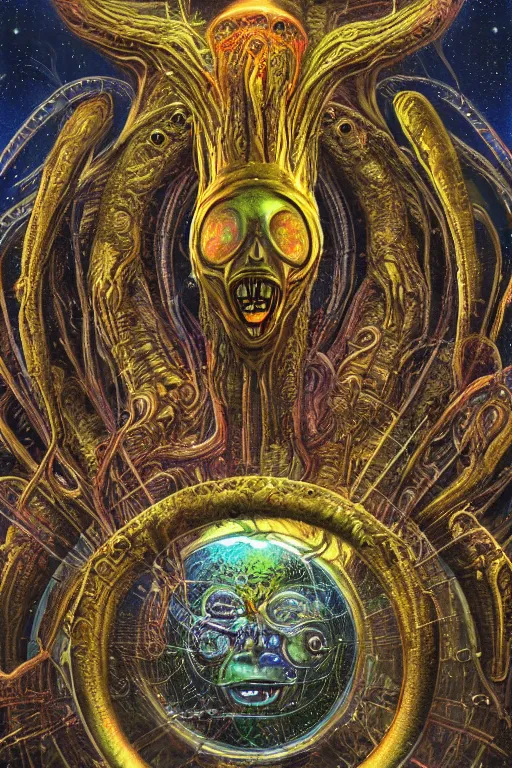 Image similar to a cosmic alien monster with embedded symbols hyperrealism, digital vision of acid colors raytracing, global illumination , award winning works by H. R. Giger, Ernst Haeckel, Beto Val, Simon Holmedal, Silent Hill :: H.P. Lovecraft, Art and Monsters ,high quality printing, fine art with subtle redshift rendering