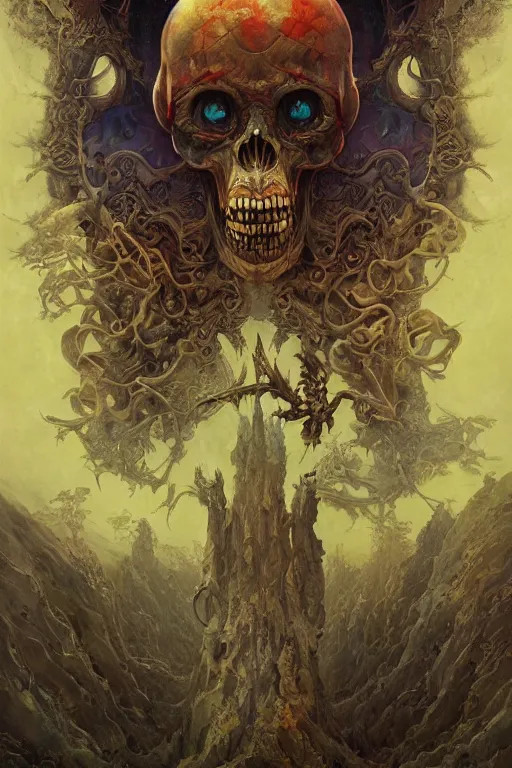 Image similar to evil gigantic alien skull lord of death, fantasy painting, ultra realistic, wide angle, art nouveau, intricate details, rainbowshift, vivid colors, highly detailed by peter mohrbacher, h. r. giger, maxfield parrish, aaron horkey, gaston bussiere, craig mullins