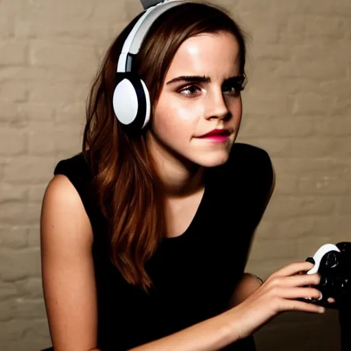 Image similar to emma watson wearing a gaming headset photo sitting on gaming chair dramatic lighting from monitor light from gaming monitor in gaming room holding controller
