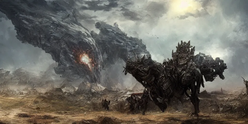 Prompt: 88grzes a single horseman in front of a hole in ruined broken steel titan colossus laying on his knees field road to star gateway wheel, corps scattered on the ground, black volcano afar, fine art, artstation, matte painting, masterpiece by vasnetsov