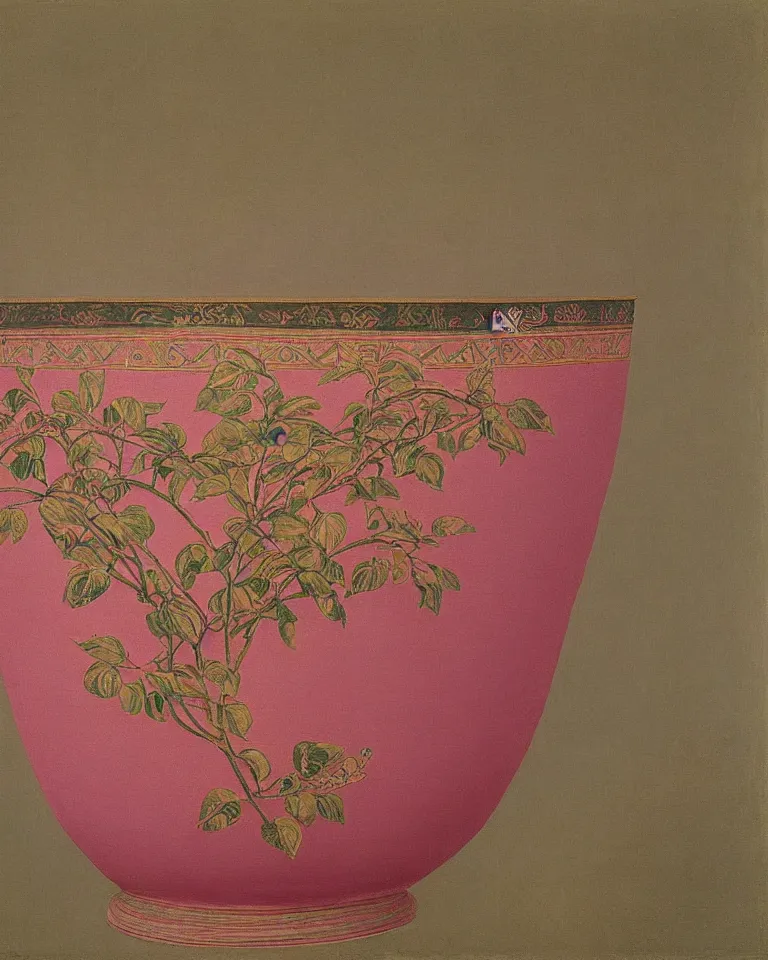 Image similar to achingly beautiful print of intricately painted ancient greek krater on a pink background by rene magritte, monet, and turner.