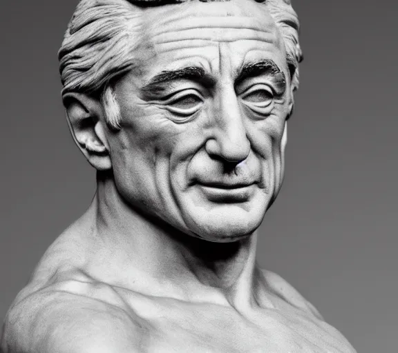 Image similar to a hyper-detailed marble status of Robert DeNiro by Michelangelo; anatomically correct; proud posture; trending on artstation; f/1.4; 90mm