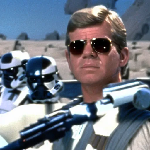 Image similar to a still frame from the movie star wars a new hope, starring jfk