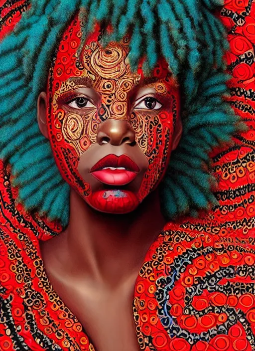 Prompt: beautiful painted portrait of a gorgeous black woman, her skin in the pattern style of e. a. seguy and edouard benedictus, turquoise and red, intricate details, opulent, hyper detailed, surrealism, vibrant and vivid