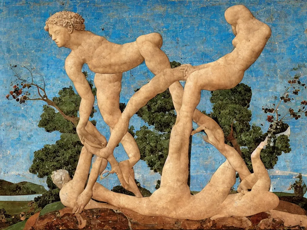 Prompt: broken, ruined marble greek sculpture the head of apollo lying in the sand, tree. lapis - lazuli, turquoise, malachite, cinnabar, earth brown. painting by piero della francesca, balthus, agnes pelton