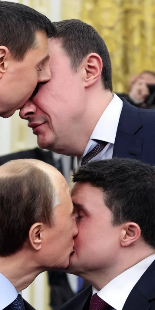 Image similar to Vladimir Putin kissing Volodymyr Zelenskyy