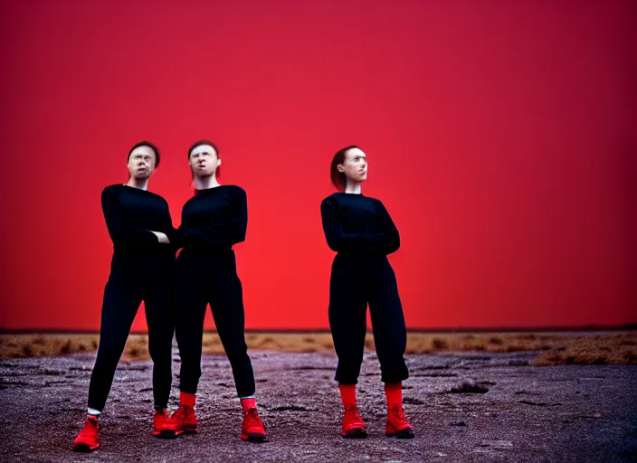 Image similar to cinestill 5 0 d closeup photographic portrait of two clones in front of a brutalist metal building, techwear women, on a desolate plain, red sky, black oversized clothes, depth of field, 4 k, 8 k, hd, full color