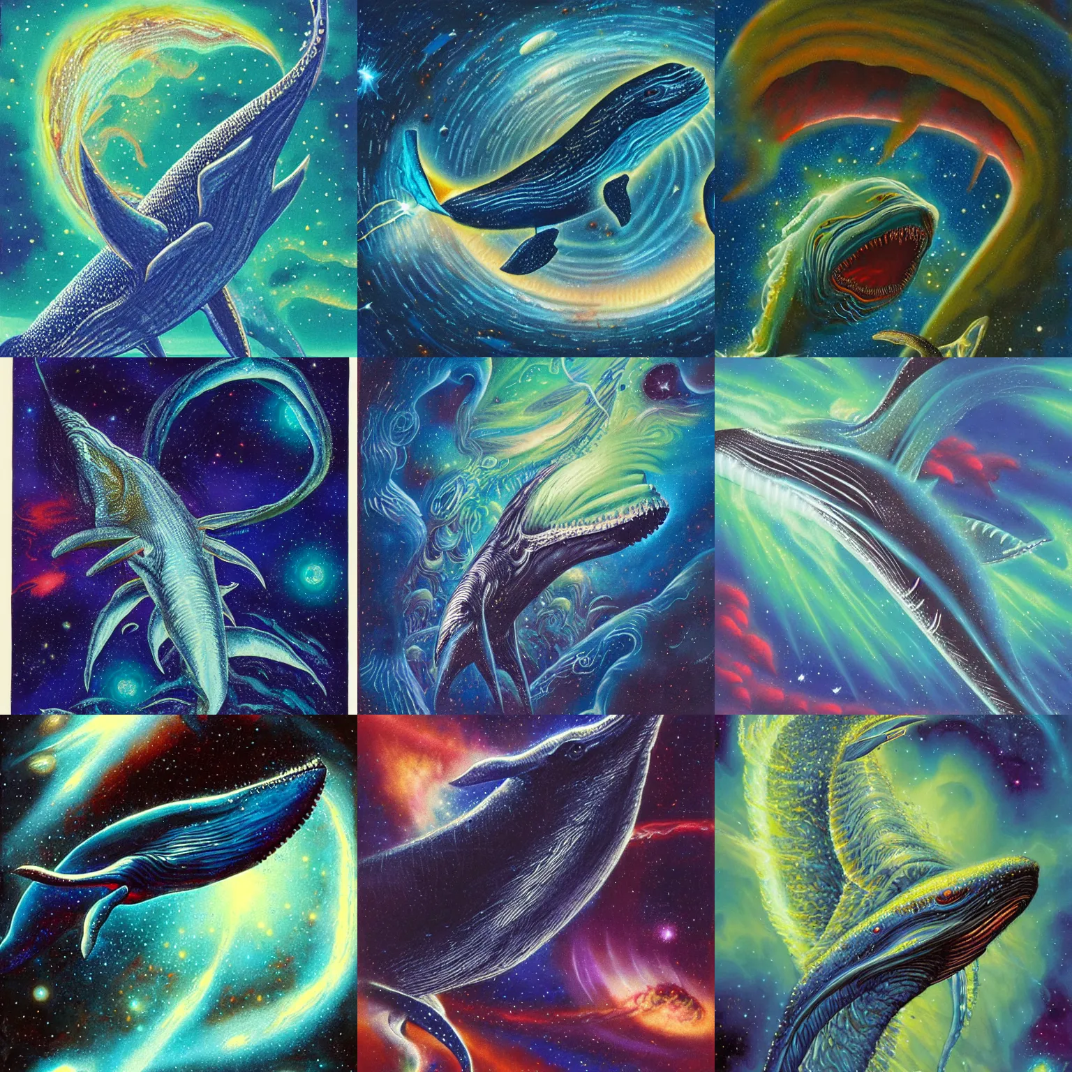 Prompt: finely detailed gouache painting of a whale - like space leviathan, swirling luminous nebula background, bryan skerry, douglas hoffman, bob eggleton, ultra detailed, mike ploog, sharp focus