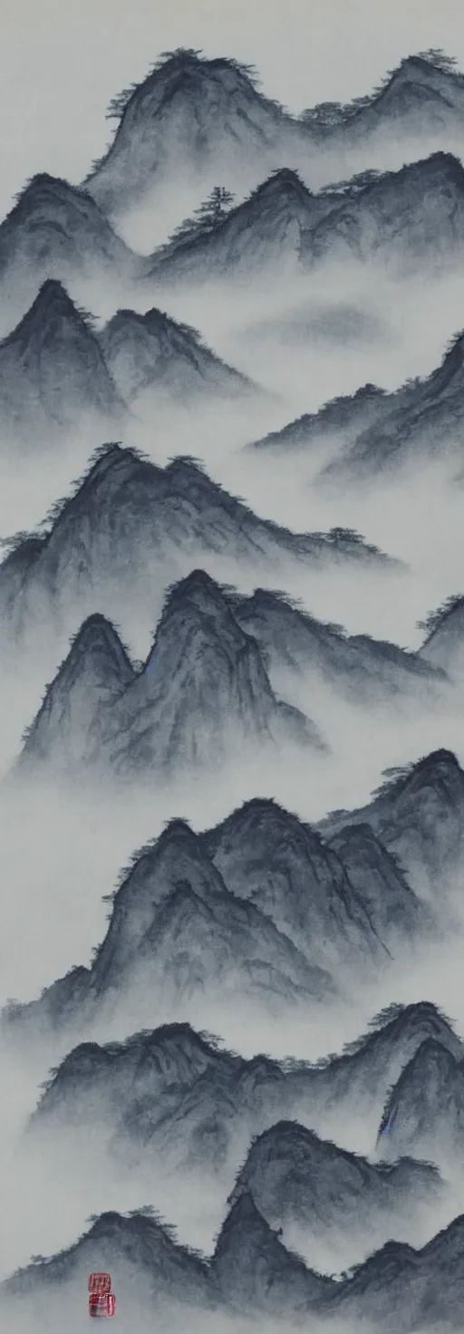 Image similar to traditional chinese shanshui 山 水 ink painting of huangshan on a foggy day by shenzhou 沈 周