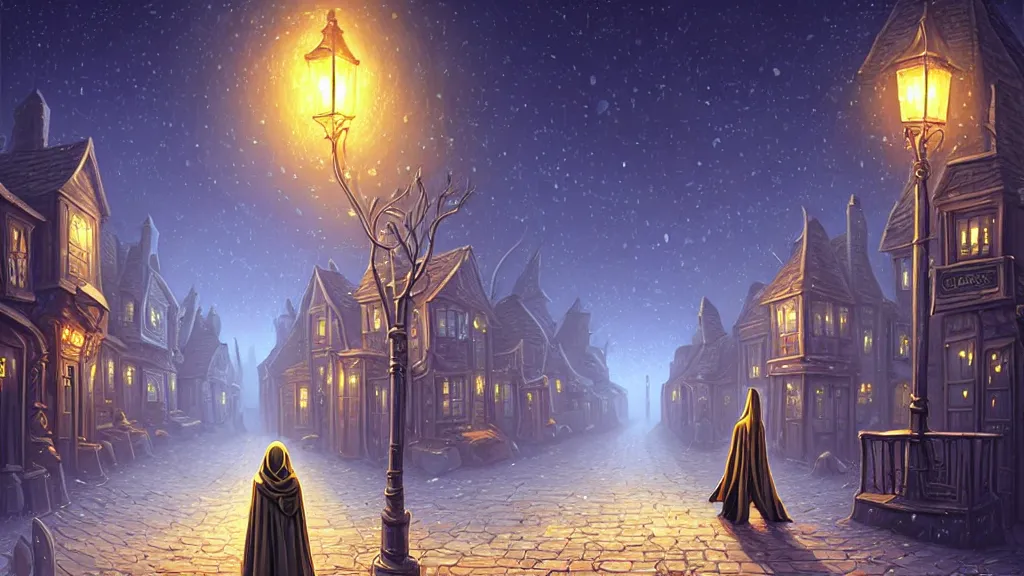 Image similar to lady dressed in long hooded cloak walks in empty lovecraftian town square surrounded by houses and inns. cthulhu statue. lovecraftian city at night by cyril rolando and naomi okubo and dan mumford and ricardo bofill. lovecraft. cobbled streets. oil lamp posts. lovecraftian. starry night swirly sky.