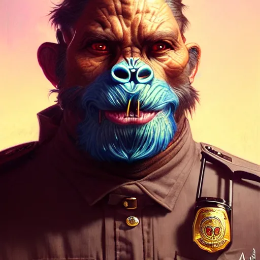 Prompt: portrait painting of a friendly bugbear police officer, ultra realistic, concept art, intricate details, eerie, highly detailed, photorealistic, octane render, 8 k, unreal engine. art by artgerm and greg rutkowski and magali villeneuve and alphonse mucha