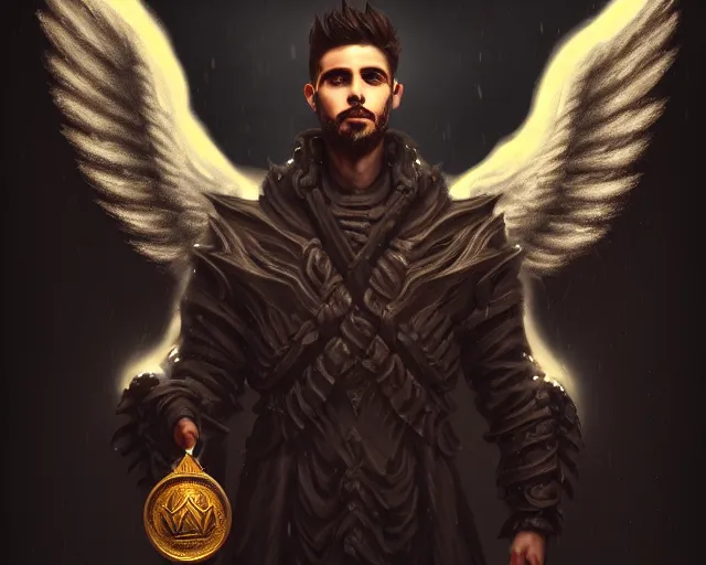 Image similar to dark art blizzard, portrait of fallen man angel with wings with award in his hand, bokeh. dark art masterpiece artstation. 8k, sharp high quality illustration in style of Jose Daniel Cabrera Pena and Leonid Kozienko, concept art by Tooth Wu