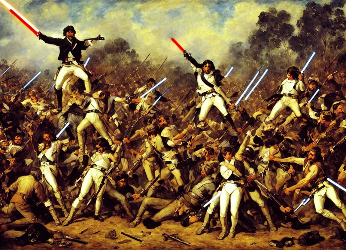 Image similar to liberty leading the people, french revolution, eugene delacroix, jedi, lightsaber, ewoks, at - st, tie - fighter, endor forest, oil on canvas