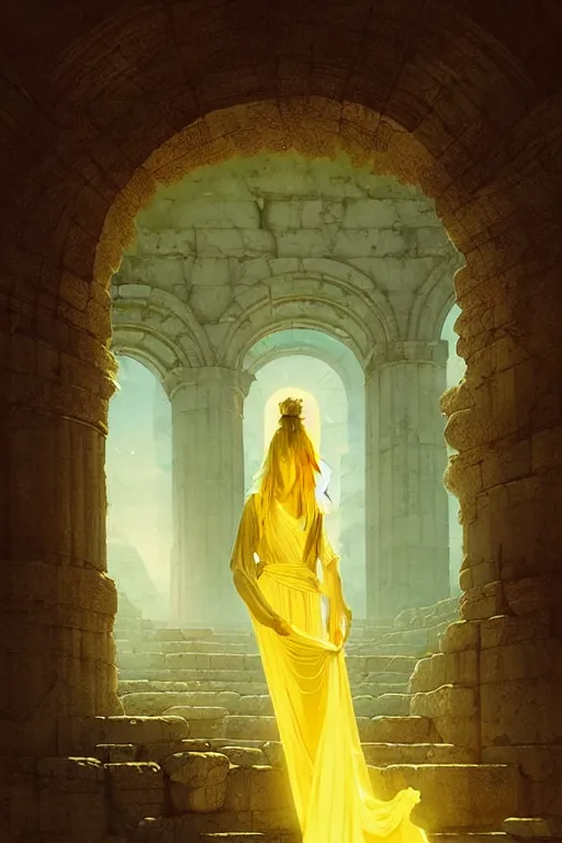 Image similar to possessed woman wearing an ancient greek tunic made of yellow paper, stephen bliss, fantasy art by greg rutkowski, rhads, ferdinand knab, makoto shinkai and lois van baarle, ilya kuvshinov, rossdraws, tom bagshaw, global illumination, radiant light, ancient greek temple ruins, green blue color theme