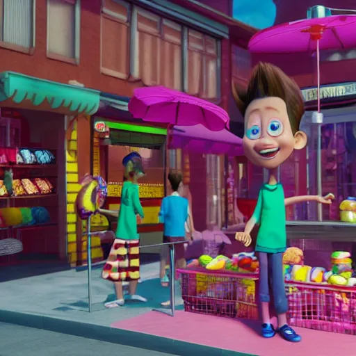 Image similar to Ultra hyperreal, 3D Octane render, Jimmy Neutron at a Candy store