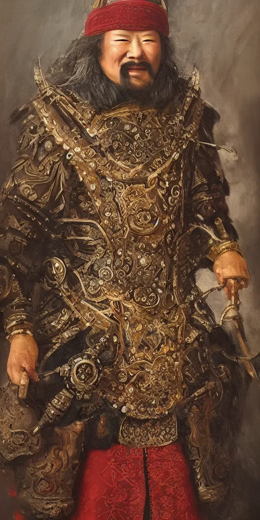 Image similar to a stunning and noble highly detailed romantic period style portrait of Genghis Khan by Josep Tapiró Baró, trending on artstation, oil painting masterpiece, symmetry, fractals, Mongolian iconography