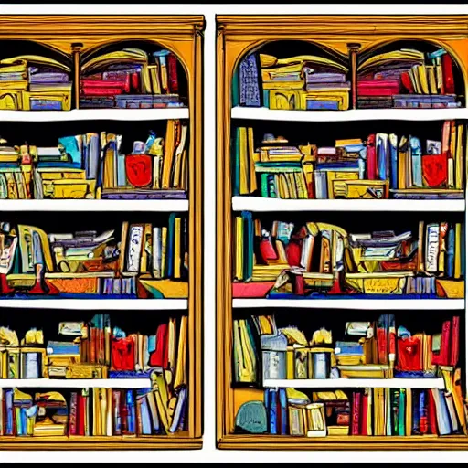 Image similar to enchanted bookshelves, in the style of colin thompson, highly detailed, playful fantasy