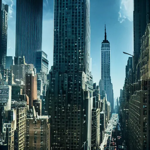 Image similar to giant cyborg ant walking over New York city, scary, movie still, 4k