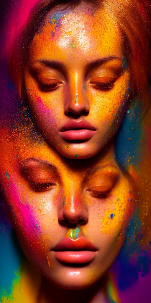 Prompt: portrait of very beautiful woman, face emerging from pool of colorful oils, brown skin, realism, extreme detail, real life, key art, soft light, volumetric light, 3 - d shadows, photo by james jean and wlop, photoshoot